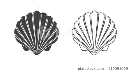 Scallop seashell logo. Isolated silhouette and contour drawing of a scallop on a white background.  119091069