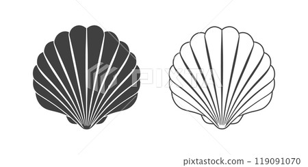 Scallop seashell logo. Isolated silhouette and contour drawing of a scallop on a white background.  119091070