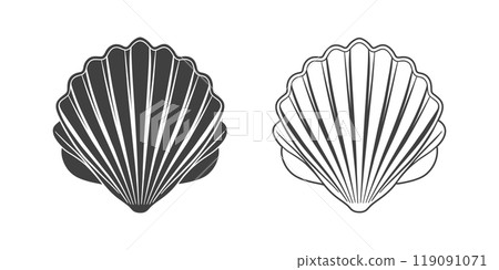 Scallop seashell logo. Isolated silhouette and contour drawing of a scallop on a white background.  119091071