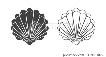 Scallop seashell logo. Isolated silhouette and contour drawing of a scallop on a white background.  119091072