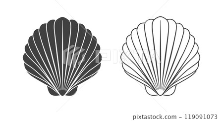 Scallop seashell logo. Isolated silhouette and contour drawing of a scallop on a white background.  119091073