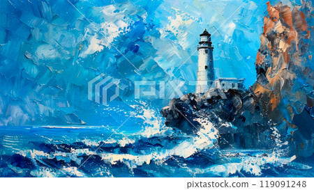 Lighthouse Perched On A Cliff Where The Ocean Waves Crash Oil Painting On Canvas Featuring The Sturdy Lighthouse Overlooking The Rugged Cliff With Powerful Waves Breaking Below 119091248