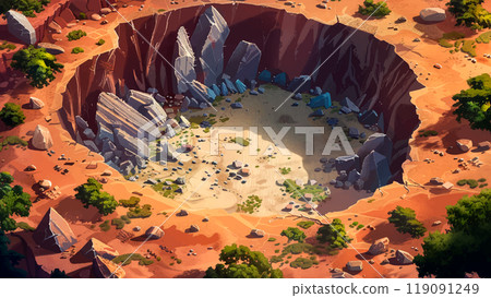 Large Meteorite Crater With A Distinctive Rim And Impact Scarring Bright Colors And Simplified Details Highlight The Scale And Depth Of The Crater Cartoon Illustration 119091249