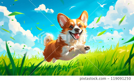Joyful Corgi With Its Ears Flapping And Tail Wagging While Playing On Lush Green Grass Bright Colors And Playful Details Create A Cheerful And Lively Scene Cartoon Illustration 119091250