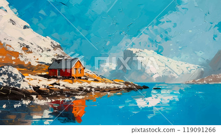 Fishermans Shack On The Shore Of A Fjord Oil Painting On Canvas Featuring A Rustic Shack With A Background Of Dramatic Fjord Scenery And Rocky Cliffs Soft Brushstrokes Fishermans Shack On The Shore Of A Fjord Oil Painting On Canvas Featuring A Rustic Shack With A Background Of Dramatic Fjord Scenery And Rocky Cliffs Soft Brushstrokes 119091266