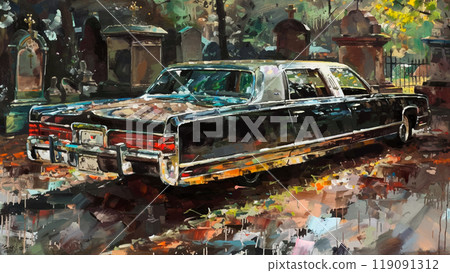 Black Limousine Parked In The Driveway Of An Old Cemetery Oil Painting On Canvas Featuring The Luxurious Limousine Against A Background Of Weathered Gravestones And Mature Trees 119091312