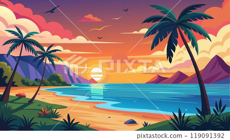 Summer sunset. Sunrise coast with palm. Tropic seascape, exotic cartoon illustration. Tropical vacation and travel. Evening seaside beach Summer sunset. Sunrise coast with palm. Tropic seascape, exotic cartoon illustration. Tropical vacation and travel. Evening seaside beach 119091392