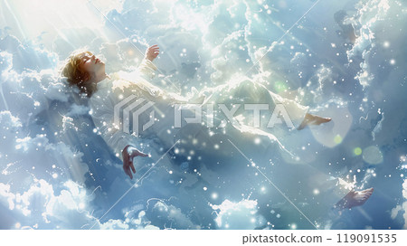 A serene figure floats among ethereal clouds, creating a tranquil atmosphere under a heavenly sky 119091535
