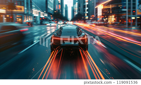 A sleek black car speeding through city at dusk, illuminated by colorful neon lights and bustling street activity 119091536