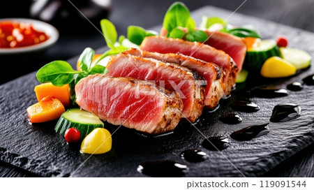 Seared Tuna Steak with Fresh Vegetables on Slate Plate, AI 119091544