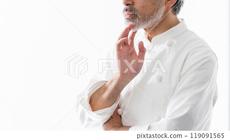 Chef cook senior male thinking at hand Chef cook senior male thinking at hand 119091565