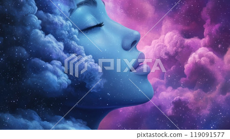 Dreamlike Portrait of a Woman Merging with Cosmic Clouds in a Starry Sky, AI 119091577