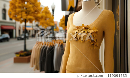 Mannequin Displaying Autumn Fashion in Urban Boutique Setting, AI 119091583