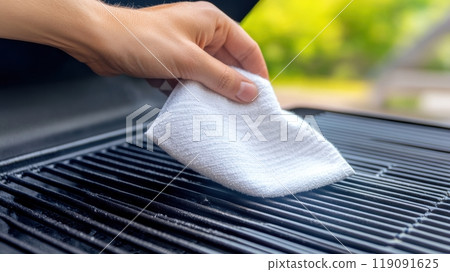 Cleaning a Barbecue Grill with a White Cloth for Maintenance and Hygiene, AI Cleaning a Barbecue Grill with a White Cloth for Maintenance and Hygiene, AI 119091625