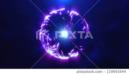 Vibrant purple sphere of light particles in motion on a dark background, creating a sense of cosmic energy and futuristic innovation 119091644