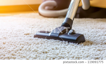 Vacuum Cleaner on Soft Carpet in Sunlit Room Highlighting Cleanliness and Comfort, AI 119091775