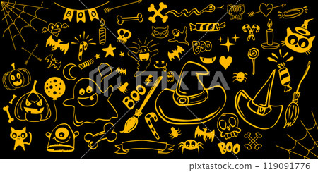 Hand drawn orange Halloween doddles set isolated on dark night black background. Doodle halloween pattern seamless 119091776