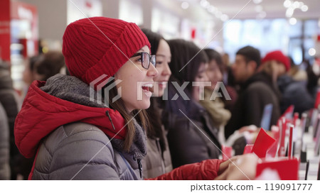 Joyful Shoppers Engaged in a Festive Retail Experience During Holiday Season, AI Joyful Shoppers Engaged in a Festive Retail Experience During Holiday Season, AI 119091777