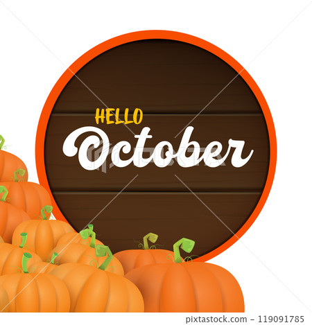 Hello October banner with pumpkins and wooden board with text isolated on transparent background. Hello october poster, flyer, card design template with pumpkins seeds Hello October banner with pumpkins and wooden board with text isolated on transparent background. Hello october poster, flyer, card design template with pumpkins seeds 119091785