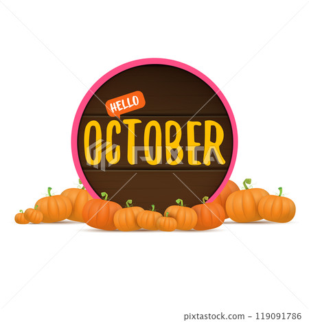 Hello October banner with pumpkins and wooden board with text isolated on transparent background. Hello october poster, flyer, card design template with pumpkins seeds Hello October banner with pumpkins and wooden board with text isolated on transparent background. Hello october poster, flyer, card design template with pumpkins seeds 119091786