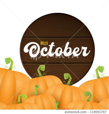 Hello October banner with pumpkins and wooden board with text isolated on transparent background. Hello october poster, flyer, card design template with pumpkins seeds Hello October banner with pumpkins and wooden board with text isolated on transparent background. Hello october poster, flyer, card design template with pumpkins seeds 119091787