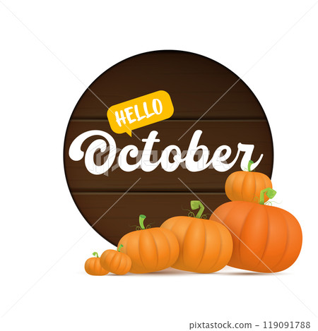Hello October banner with pumpkins and wooden board with text isolated on transparent background. Hello october poster, flyer, card design template with pumpkins seeds Hello October banner with pumpkins and wooden board with text isolated on transparent background. Hello october poster, flyer, card design template with pumpkins seeds 119091788