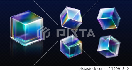 Glass cubes refraction. Realistic glass or plastic cube light neon dispersion, glassy geometric square block translucent surface crystal reflection set 3d exact vector illustration Glass cubes refraction. Realistic glass or plastic cube light neon dispersion, glassy geometric square block translucent surface crystal reflection set 3d exact vector illustration 119091840
