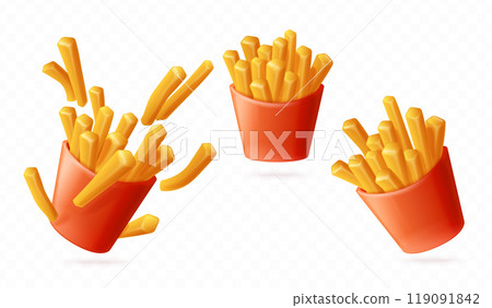 3d french fries. Crispy fry potato takeaway cardboard container, fried chip fast food box package frites potatoes stick bucket, fastfood render realistic exact vector illustration 119091842