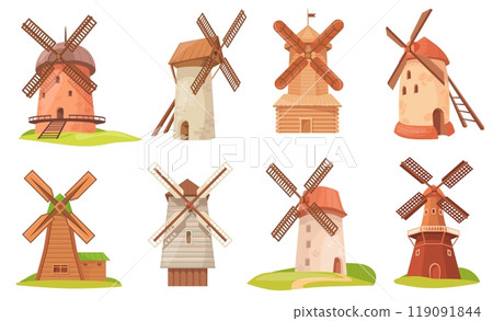 Cartoon rural windmills. Holland farm mill old dutch wood stone towers, wind energy dutch village vintage architectural buildings, nature rural bakery set neat vector illustration 119091844