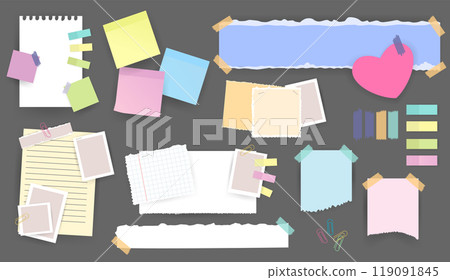 Paper notes stickers. Set of different vector note papers. Blank of multicolor stickers. Sticky sheets of various colors and size vector illustration 119091845