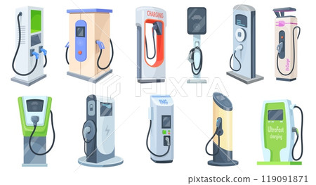 Ev charger stations. Electric vehicle charge station, electrical car recharge energy road point with cable charging electronic socket automobile battery, neat vector illustration 119091871