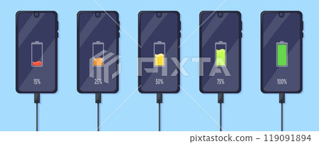 Smartphone charging load. Phone battery charge concept, full 100 percentage cell saving energy mobile recharge screen indicator infographic, gadget charger neat vector illustration Smartphone charging load. Phone battery charge concept, full 100 percentage cell saving energy mobile recharge screen indicator infographic, gadget charger neat vector illustration 119091894