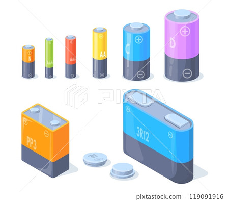 Alkaline battery type. Nickel recharge accumulator batteries set, aa aaa cylinder cell or coin types 9v 6v electric power li-ion lithium charger, isometric neat vector illustration Alkaline battery type. Nickel recharge accumulator batteries set, aa aaa cylinder cell or coin types 9v 6v electric power li-ion lithium charger, isometric neat vector illustration 119091916