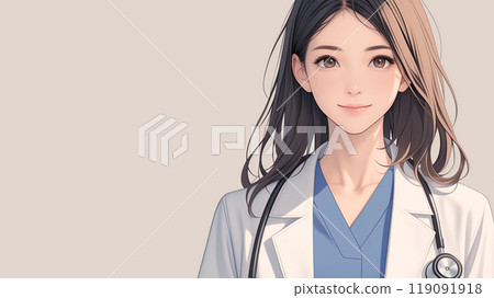 Illustration of a female doctor and copy space "AI generated image" 119091918
