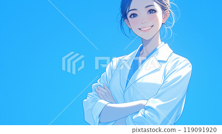 Illustration of a female doctor and copy space "AI generated image" 119091920