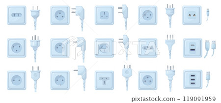 Plug outlet type. Electric sockets and wire plugs, plastic charger power adapter world country socket types uk electrical or internet connector cartoon set neat vector illustration 119091959