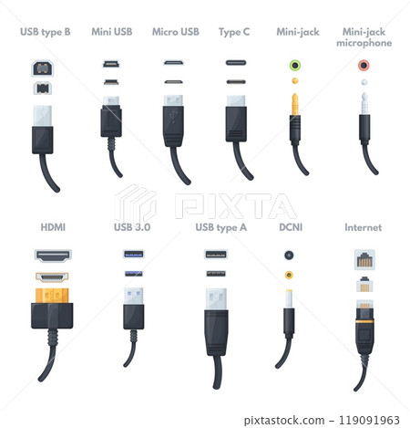 Plug cable connectors. Computer or phone cables and sockets, hdmi port lightning micro usb wire charge adapter network lan fiber pc laptop connector type, neat vector illustration Plug cable connectors. Computer or phone cables and sockets, hdmi port lightning micro usb wire charge adapter network lan fiber pc laptop connector type, neat vector illustration 119091963