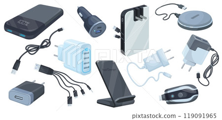 Mobile charger adapter. Smartphone chargers accessories, usb cable power adapter for charge phone battery auto adaptor electrical cord portable device, set neat vector illustration 119091965