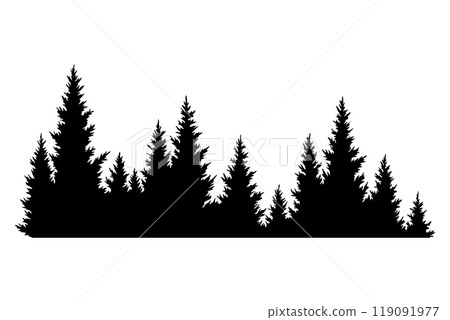 Fir trees silhouette. Coniferous spruce horizontal background pattern, black evergreen woods vector illustration. Beautiful hand drawn panorama of coniferous forest 119091977