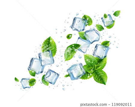 Ice cubes mint. Frozen water crystal cube with peppermint leaf, cool menthol iced spearmint falling green leaves frost freshness ad concept, realistic 3d exact vector illustration 119092011