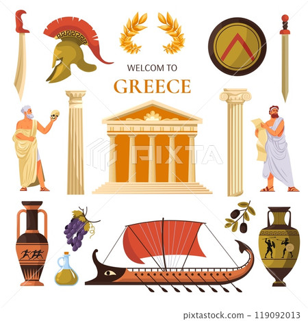 Ancient greece travel icons. Antique greek mythology or rome empire history elements, tourism landmarks symbols olympic athens temple ship helmet amphora recent vector illustration 119092013