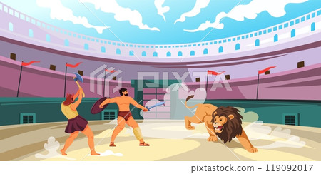 Gladiator fight lion. Roman warrior battle against strong animal inside coliseum arena, ancient rome gladiators in antique amphitheater colosseum stadium recent vector illustration Gladiator fight lion. Roman warrior battle against strong animal inside coliseum arena, ancient rome gladiators in antique amphitheater colosseum stadium recent vector illustration 119092017