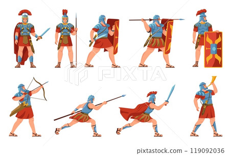 Cartoon roman soldiers. Armored soldier ancient rome empire army, warrior character armor helmet with sword shield history legion fight warriors mascot, recent vector illustration 119092036