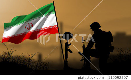 The silhouette of an Iranian soldier weeps for the loss of a comrade in battle, with a large flag waving The silhouette of an Iranian soldier weeps for the loss of a comrade in battle, with a large flag waving 119092207