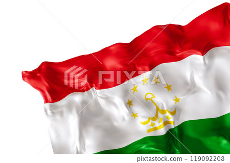Realistic flag of Tajikistan with folds, isolated on white background. Footer, corner design element. Cut out. Perfect for patriotic themes or national event promotions. 3D render. Realistic flag of Tajikistan with folds, isolated on white background. Footer, corner design element. Cut out. Perfect for patriotic themes or national event promotions. 3D render. 119092208