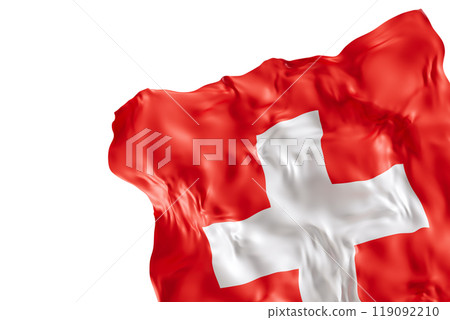 Realistic flag of Switzerland with folds, isolated on white background. Footer, corner design element. Cut out. Perfect for patriotic themes or national event promotions. 3D render. Realistic flag of Switzerland with folds, isolated on white background. Footer, corner design element. Cut out. Perfect for patriotic themes or national event promotions. 3D render. 119092210