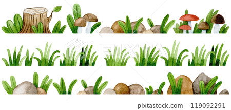 set of forest borders. watercolor illustration with herbs, mushrooms. landscape set of forest borders. watercolor illustration with herbs, mushrooms. landscape 119092291