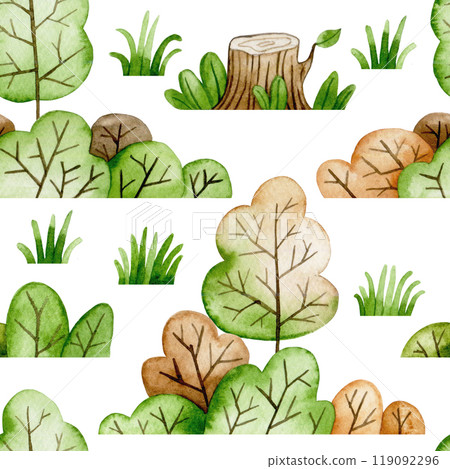 watercolor seamless pattern with forest, autumn trees and bushes. simple print watercolor seamless pattern with forest, autumn trees and bushes. simple print 119092296