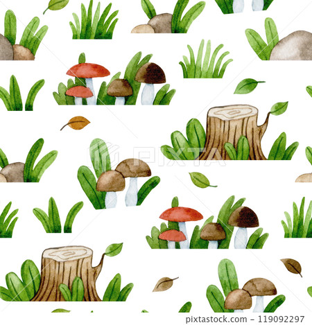 watercolor drawing. set of forest elements. bushes, mushrooms and herbs. cute illustration in simple style 119092297