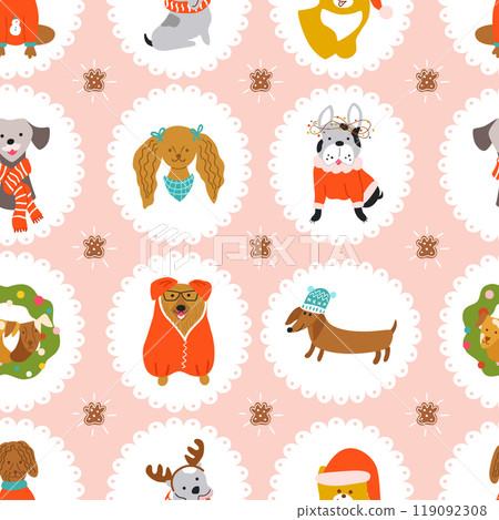 Pink Christmas dogs seamless pattern. Cute puppies portrait framed on the white spots. Vector winter holiday print Pink Christmas dogs seamless pattern. Cute puppies portrait framed on the white spots. Vector winter holiday print 119092308